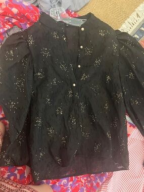 Beulah Black Embroidered Button-Front Top with Metallic Accents